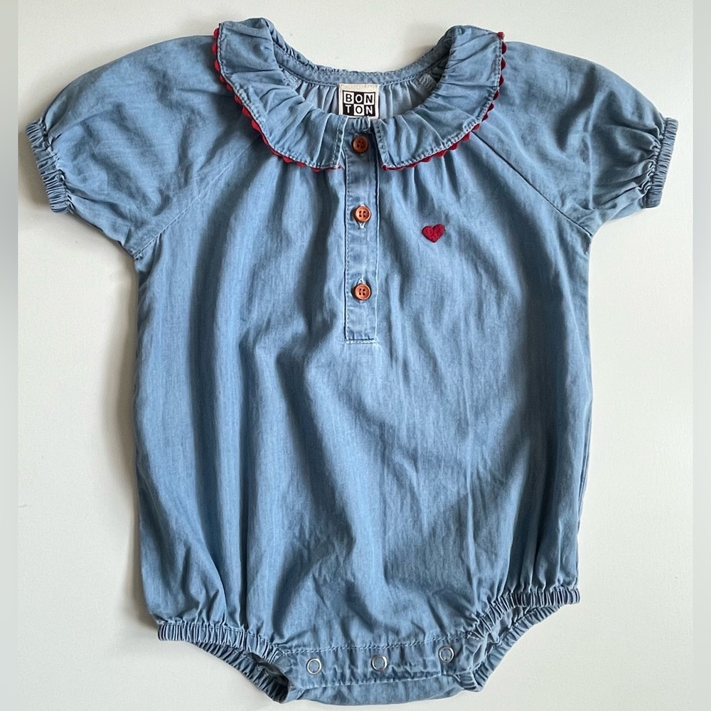 Bonton Girl’s Denim Romper with Embroidered Red Heart - 6M